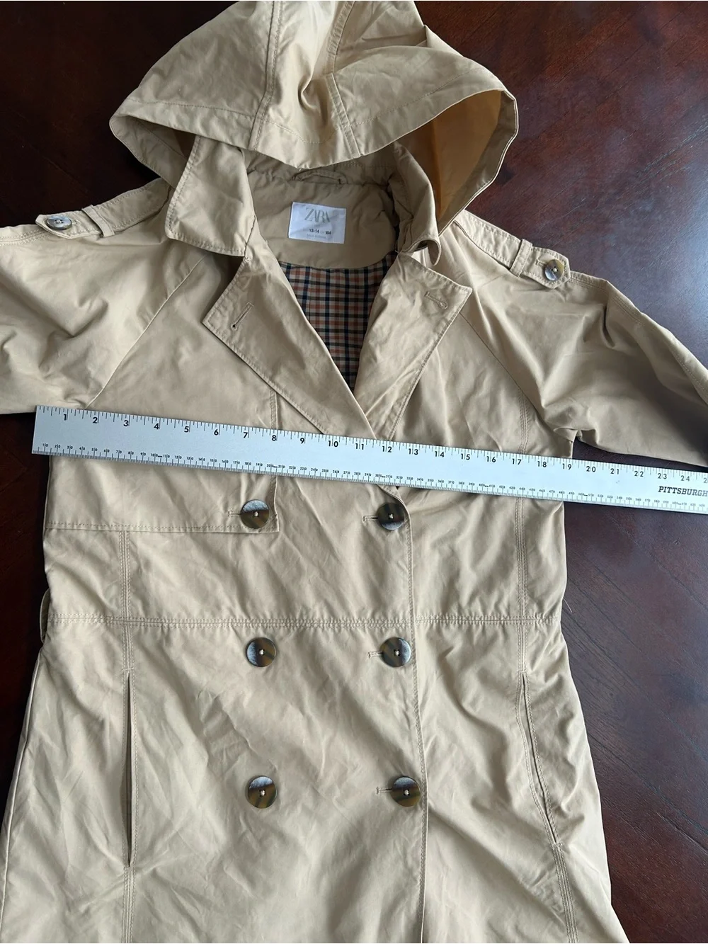 Zara Hooded Double-Breasted Trench Coat in Beige girl size 13-14